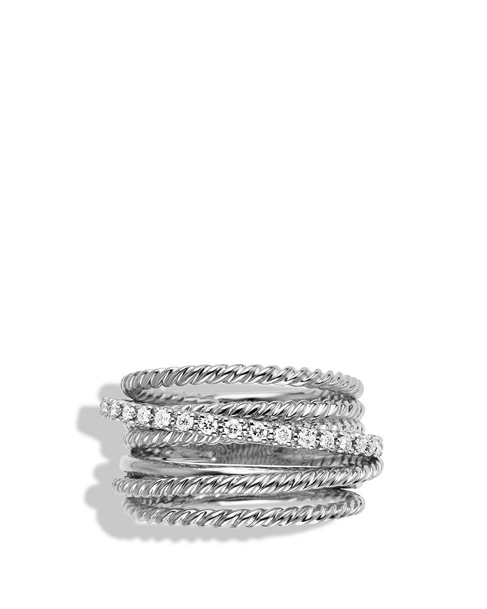 Shop David Yurman Crossover Wide Ring With Diamonds In White/silver