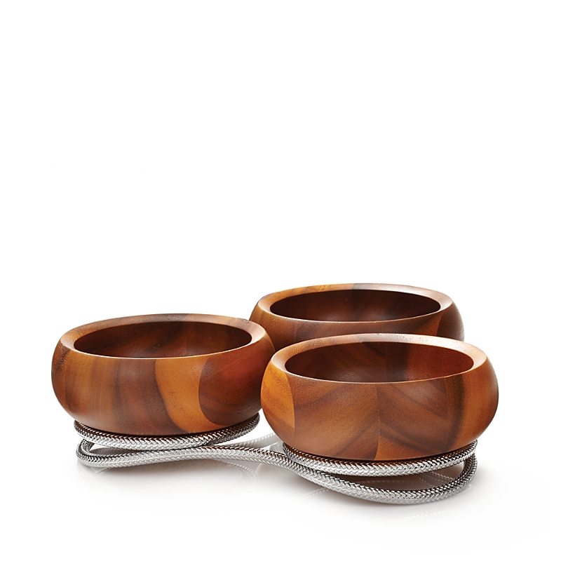 Nambe Braid 3 Section Wood Condiment Server In Chrome Plate And Acacia Wood