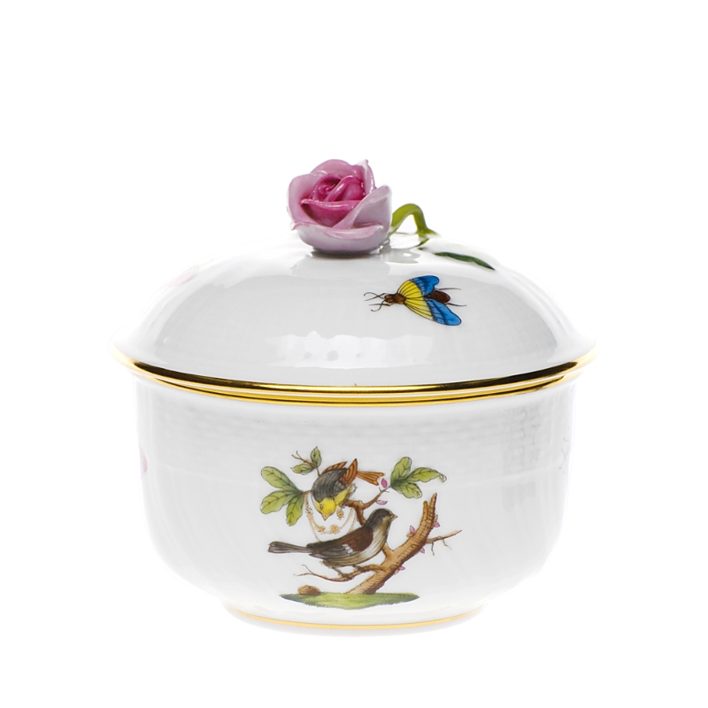 Herend Rothschild Bird Covered Sugar Dish With Rose In Motif