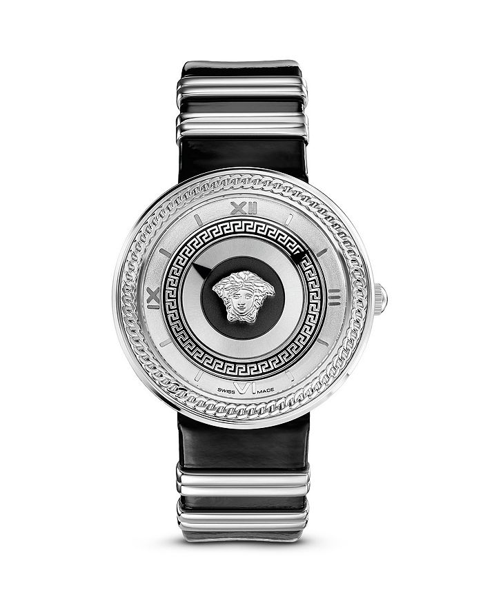 Versace V Metal Icon Stainless Stain Watch with Black Leather Band