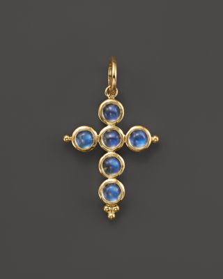 Temple St. Clair 18K Yellow Gold Small Cross Pendant with Royal Blue Moonstone