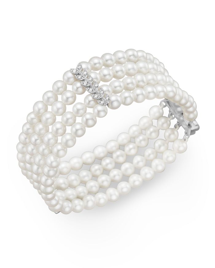Bloomingdale's CULTURED FRESHWATER PEARL FOUR ROW BRACELET WITH DIAMONDS IN 14K WHITE GOLD, 4.5MM
