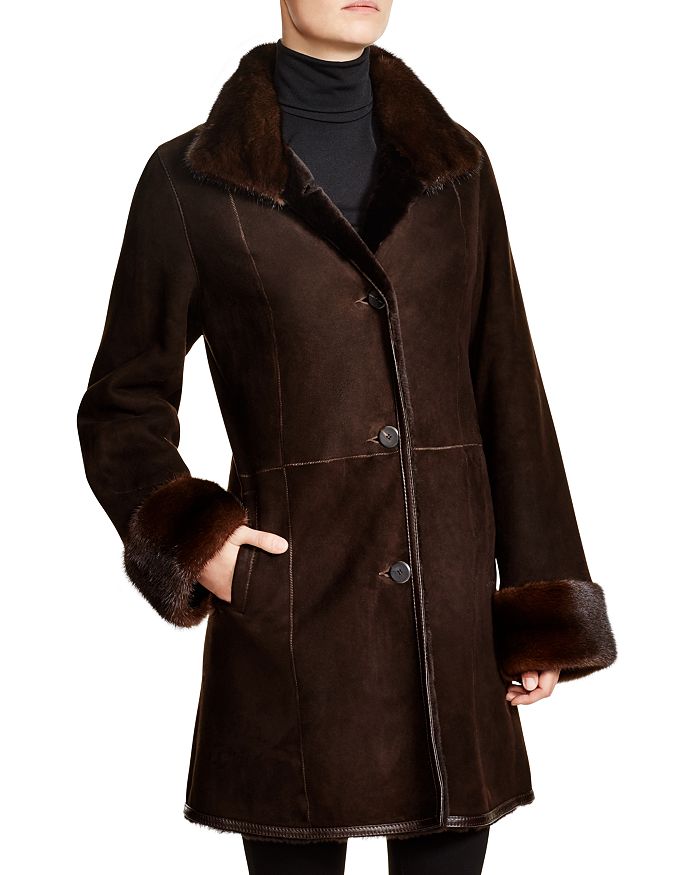 Maximilian Furs Maximilian Shearling Coat with Mink Collar Cuffs