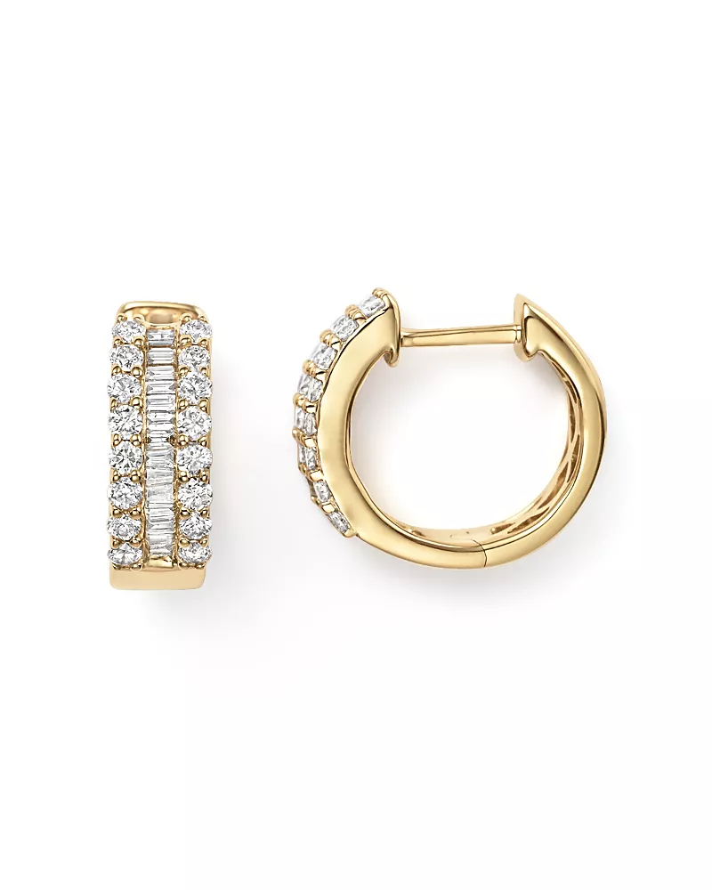 Diamond Round & Baguette Hoop Earrings in 14K Yellow Gold, 0.85 tcw