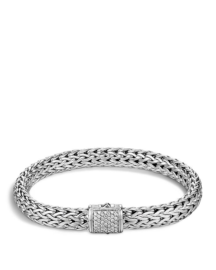 Shop John Hardy Classic Chain Sterling Silver Medium Bracelet With Diamond Pave In White/silver