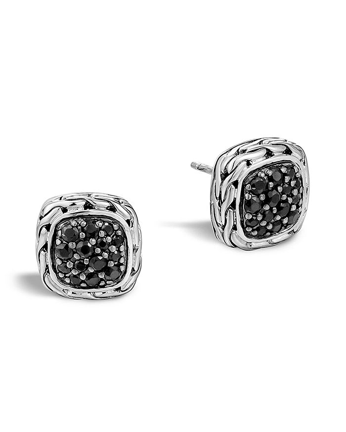 John Hardy Kali Lava Small Square Stud Earrings With Black Sapphire In Black/silver