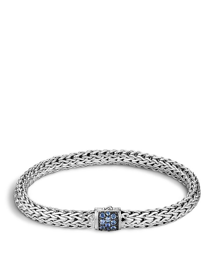 Shop John Hardy Classic Chain Sterling Silver Lava Small Bracelet With Blue Sapphire In Blue/silver