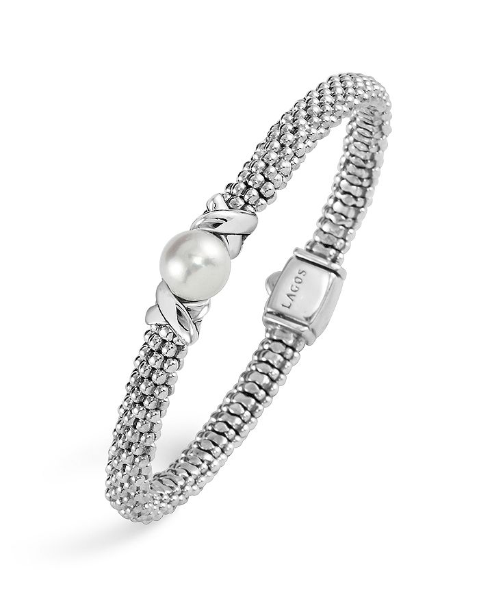 Shop Lagos Luna Sterling Silver Caviar Cultured Freshwater Pearl Bracelet In White/silver
