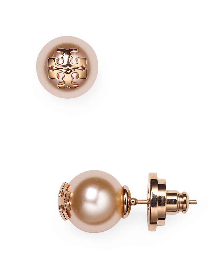 Tory Burch Crystal-pearl Rose Goldtone Logo Stud Earrings In Pink | ModeSens