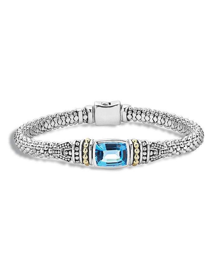 LAGOS 18K GOLD AND STERLING SILVER CAVIAR COLOR BRACELET WITH SWISS BLUE TOPAZ,05-81124-BM