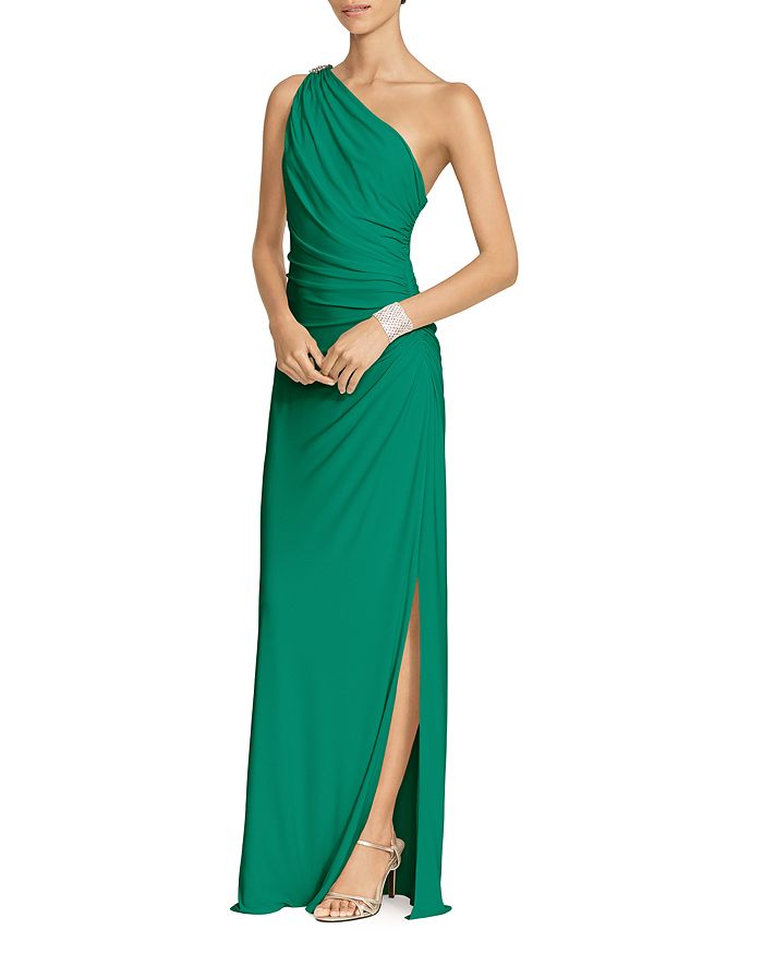 Ralph Lauren One Shoulder Ruched Gown with Brooch | Bloomingdale's