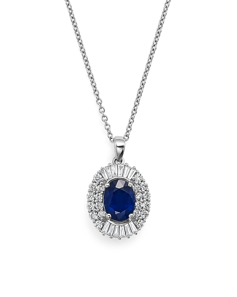 Blue Sapphire and Diamond Pendant Necklace in 14K White Gold, 18