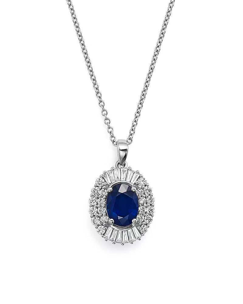 Blue Sapphire and Diamond Pendant Necklace in 14K White Gold, 18