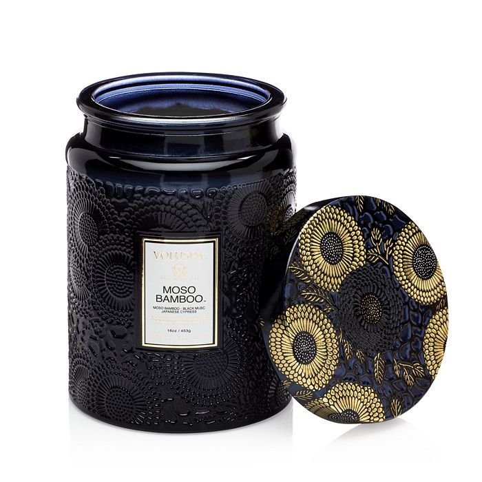 Voluspa Moso Bamboo Large Embossed Glass Candle 16 Oz. In Black