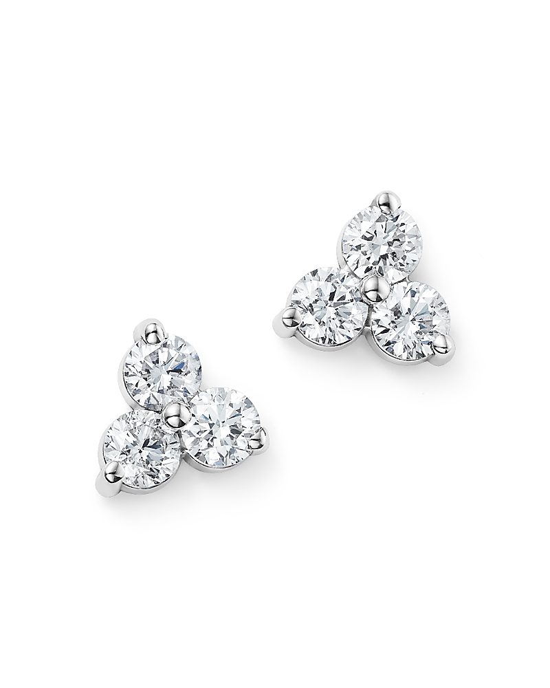 Diamond Three Stone Stud Earrings in 14K White Gold, 0.60 tcw