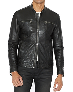 Shop John Varvatos Star Usa Leather Band Collar Moto Jacket In Black