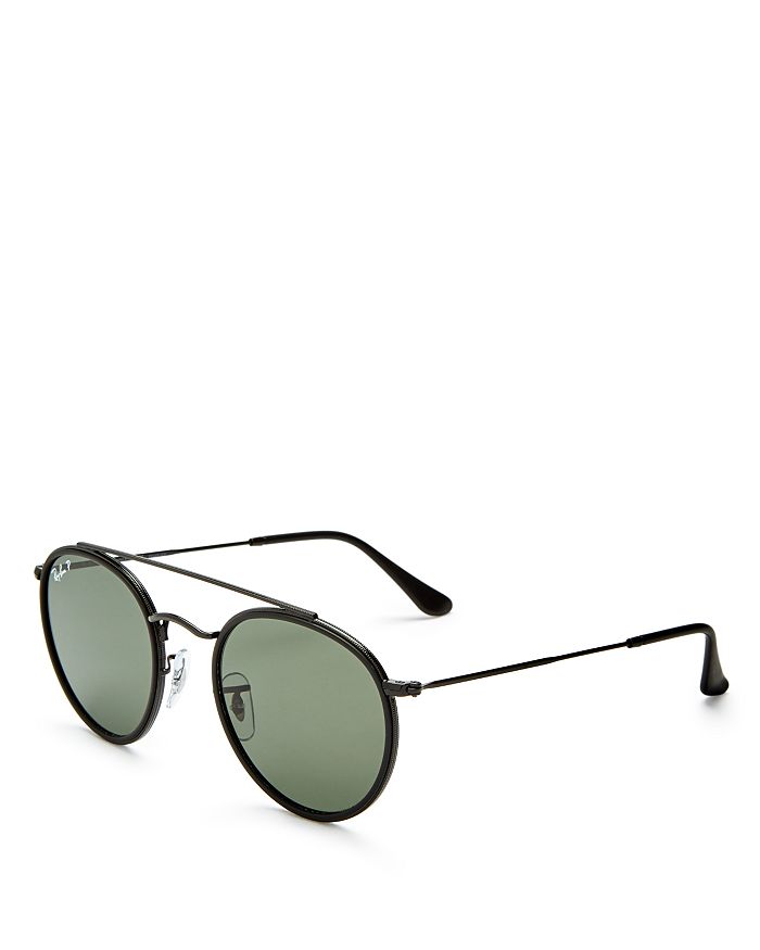 Shop Ray Ban Ray-ban Polarized Brow Bar Round Sunglasses, 51mm In Black/green Solid