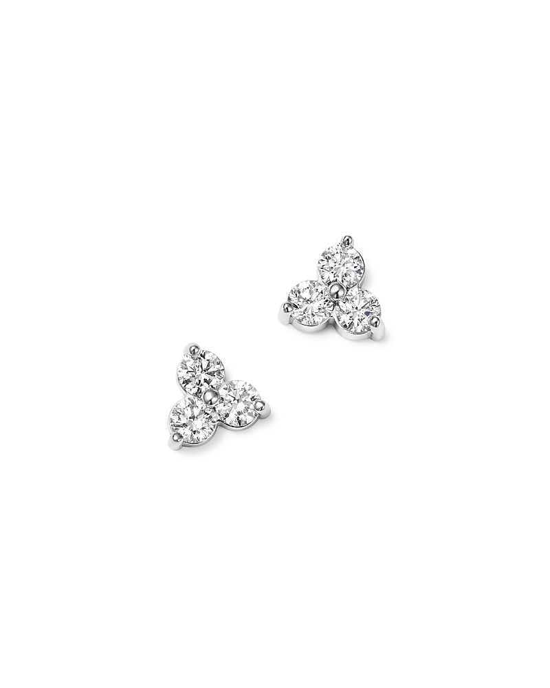 Diamond Three Stone Stud Earrings in 14K White Gold, 0.38 tcw