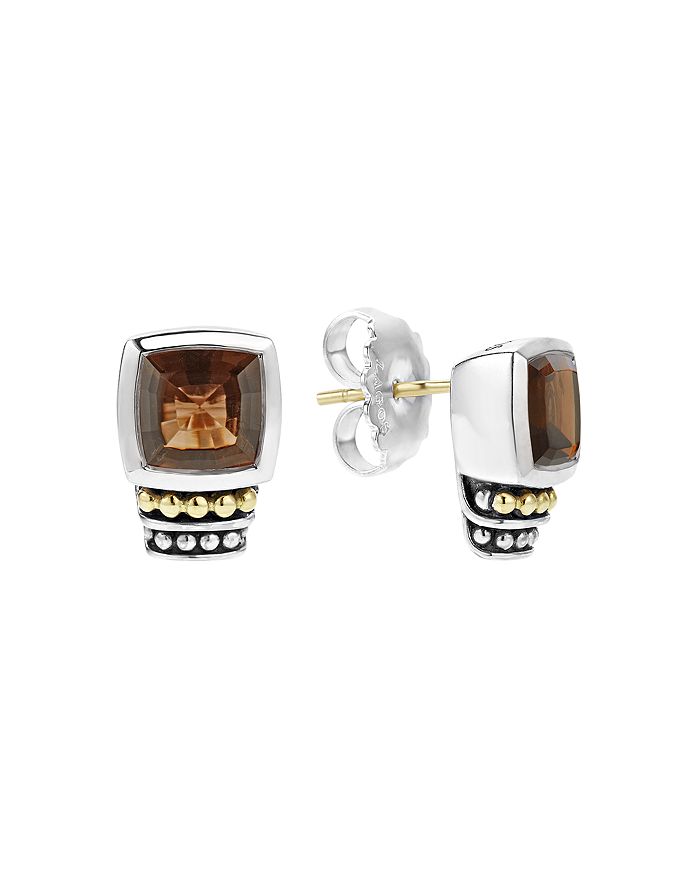 LAGOS 18K GOLD AND STERLING SILVER CAVIAR colour SMOKY QUARTZ STUD EARRINGS,01-81516-ST