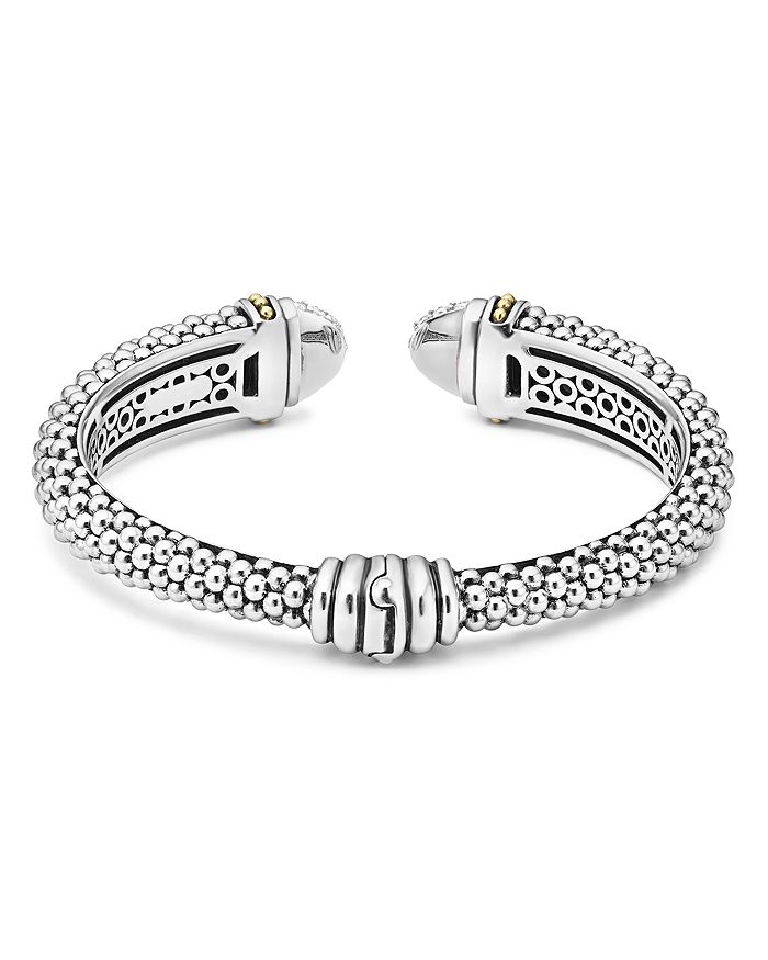 Shop Lagos 18k Gold & Sterling Silver Caviar Diamond Cuff Bracelet, 12 Mm, Large In White/silver