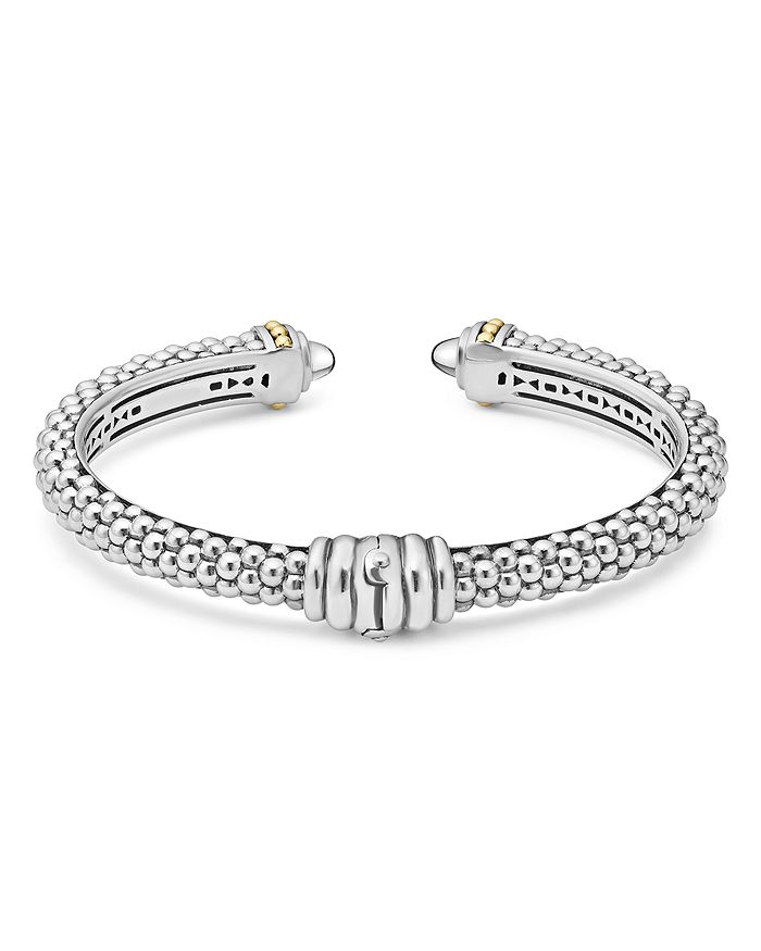 Shop Lagos Sterling Silver & 18k Yellow Gold Slim Caviar Cuff Bracelet With White Topaz In White/silver