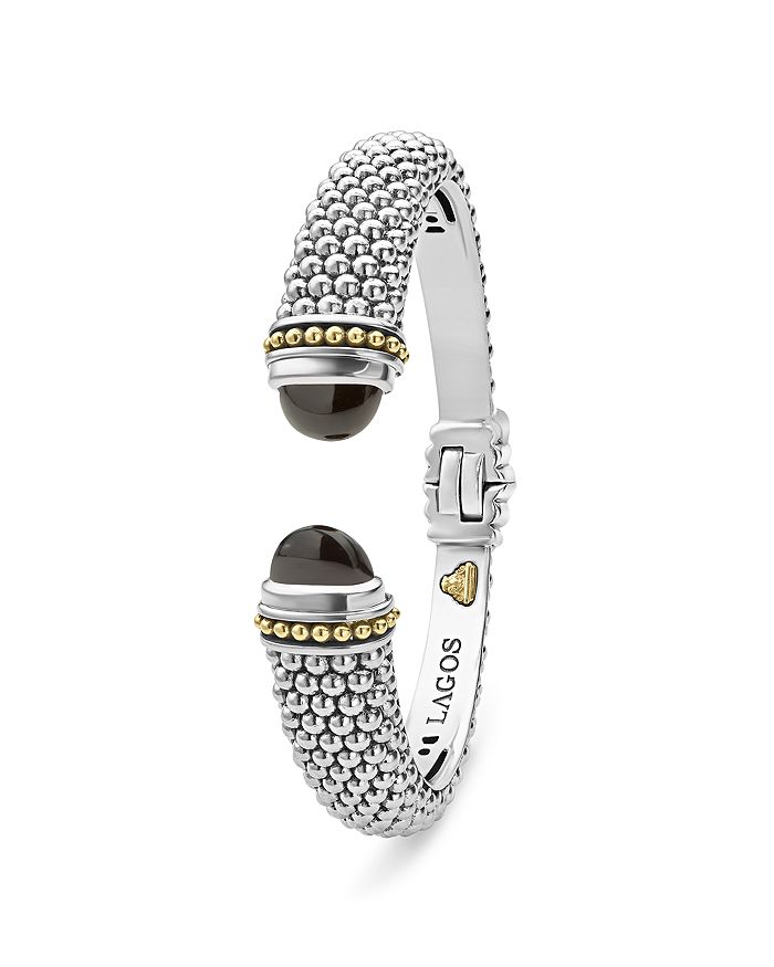 Shop Lagos 18k Gold And Sterling Silver Caviar Color Onyx Cuff, 12mm In Black/silver