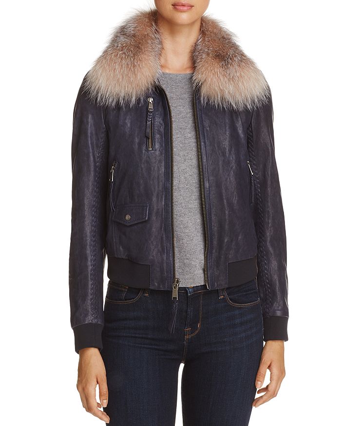 Andrew Marc Naples Fur Trim Leather Bomber Jacket In Navy