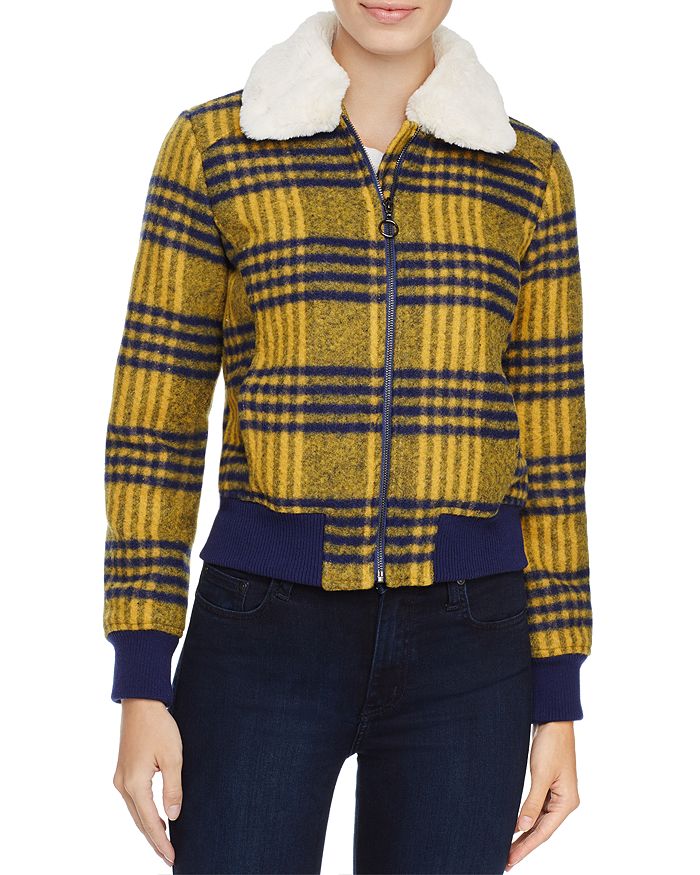 Louise Paris Faux Fur Trim Plaid Puffer Jacket - 100% Exclusive In Yellow