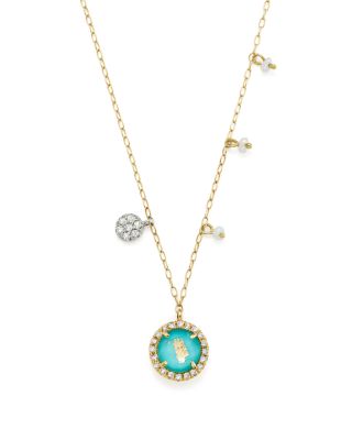 Meira T - 14K Yellow Gold Turquoise Doublet and Diamond Pendant Necklace with Cultured Freshwater Pearl Charms, 16"