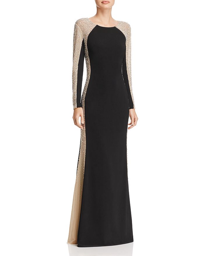 Avery G Beaded Color-blocked Gown - 100% Exclusive In Black/nude/silver