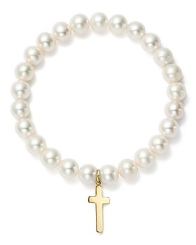 Bloomingdale's - Cultured Freshwater Pearl Cross Charm Stretch Bracelet in 14K Yellow Gold - 100% Exclusive 