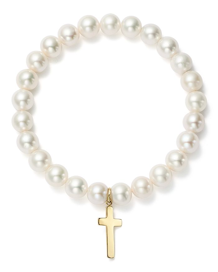 Bloomingdale's Cultured Freshwater Pearl Cross Charm Stretch Bracelet In 14k Yellow Gold - 100% Exclusive In White/gold
