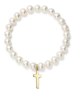 Bloomingdale's Cultured Freshwater Pearl Cross Charm Stretch Bracelet in 14K Yellow Gold - 100% Excl