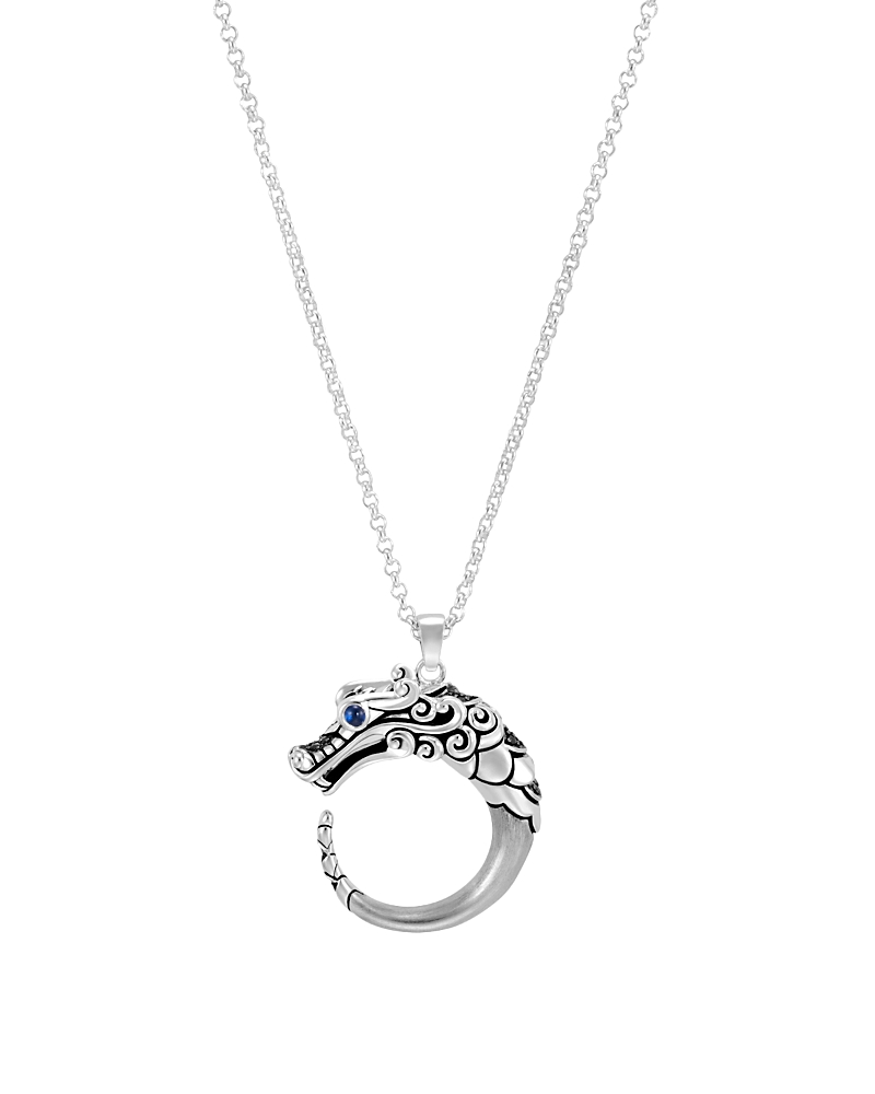 John Hardy Brushed Sterling Silver Naga Pendant Necklace with Black Sapphire, Black Spinel and Blue Sapphire Eyes, 16