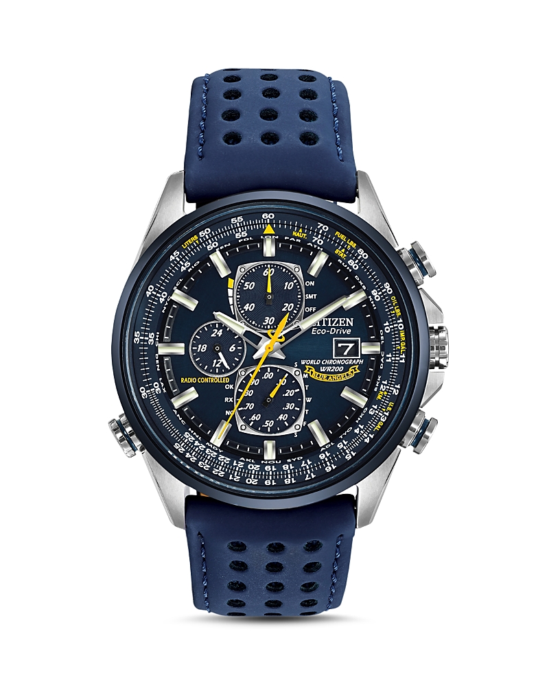 Citizen Men's Eco-drive Blue Angels World Chronograph A-t Blue Perforated Leather Strap Watch 43mm At8020-03 In Blue