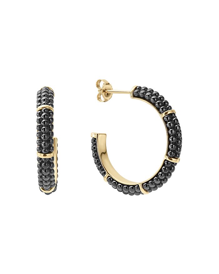Shop Lagos Gold & Black Caviar Collection 18k Gold & Ceramic Hoop Earrings In Black/gold