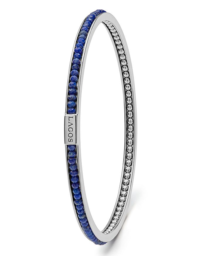 Shop Lagos Sterling Silver Caviar Icon Lapis Beaded Bangle Bracelet In Blue/silver