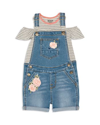 Hudson Girls Striped Cold Shoulder Tee Rose Patch Overalls Set