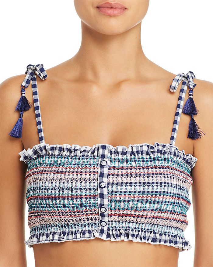 Red carter smocked off the shoulder swimsuit deals