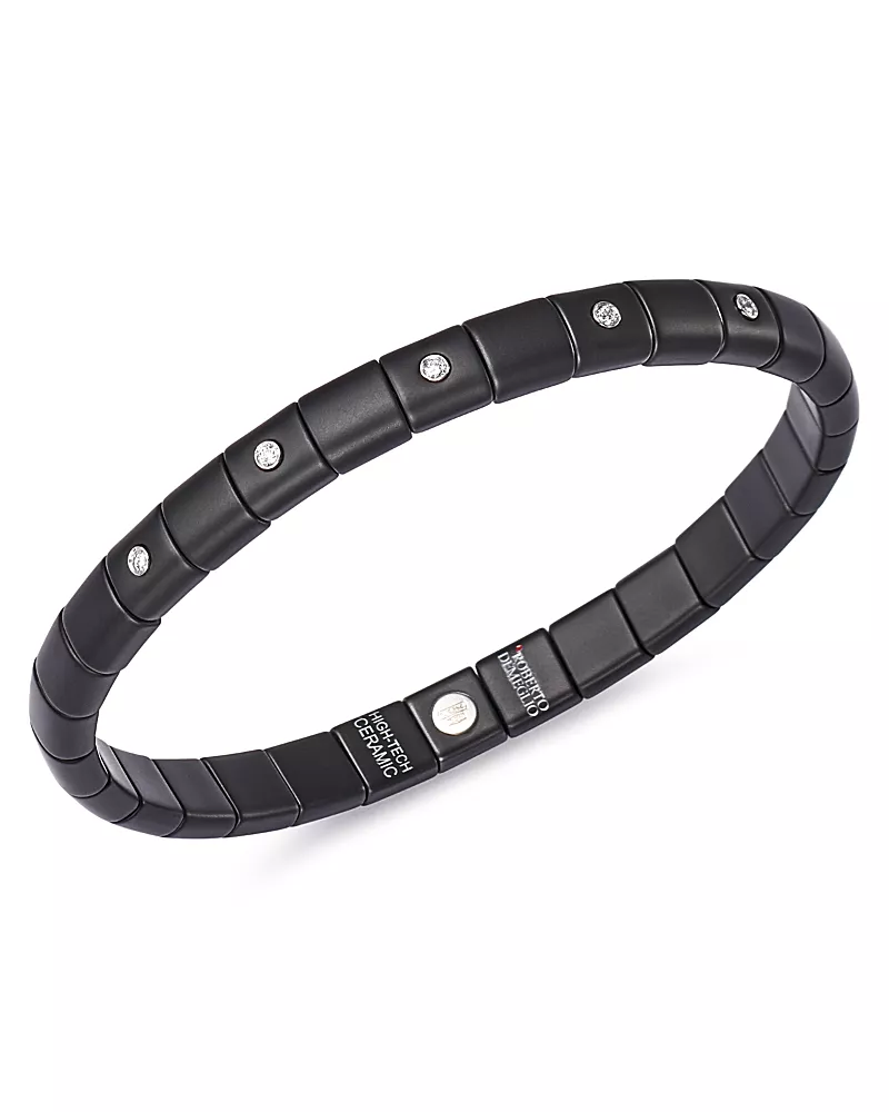Roberto Demeglio 18K White Gold & Black Ceramic Pura Stretch Bracelet with Alternating Diamond Bezels