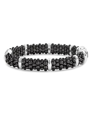 Sterling Silver Black Caviar Collection Pav&eacute; Diamond & Black Ceramic Station Bracelet