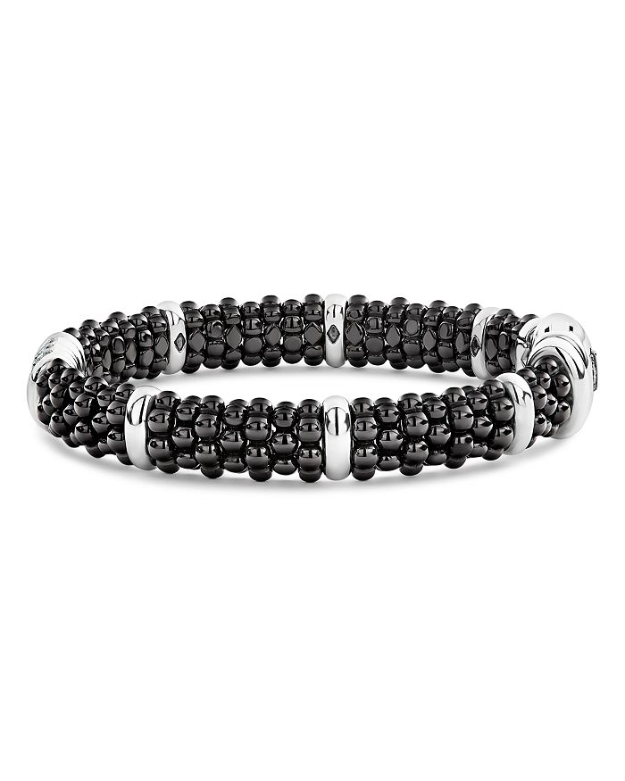Shop Lagos Sterling Silver Black Caviar Collection Pave Diamond & Black Ceramic Station Bracelet In White/black