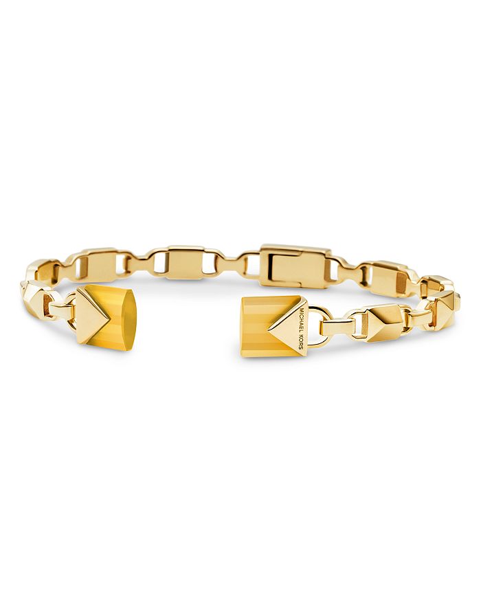 Michael Kors Mercer Link Semi-precious 14k Gold-plated Sterling Silver Center Back Hinged Cuff In Gold/honey Citrine Dyed Agate