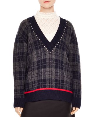 Sandro José Plaid V-Neck Sweater 