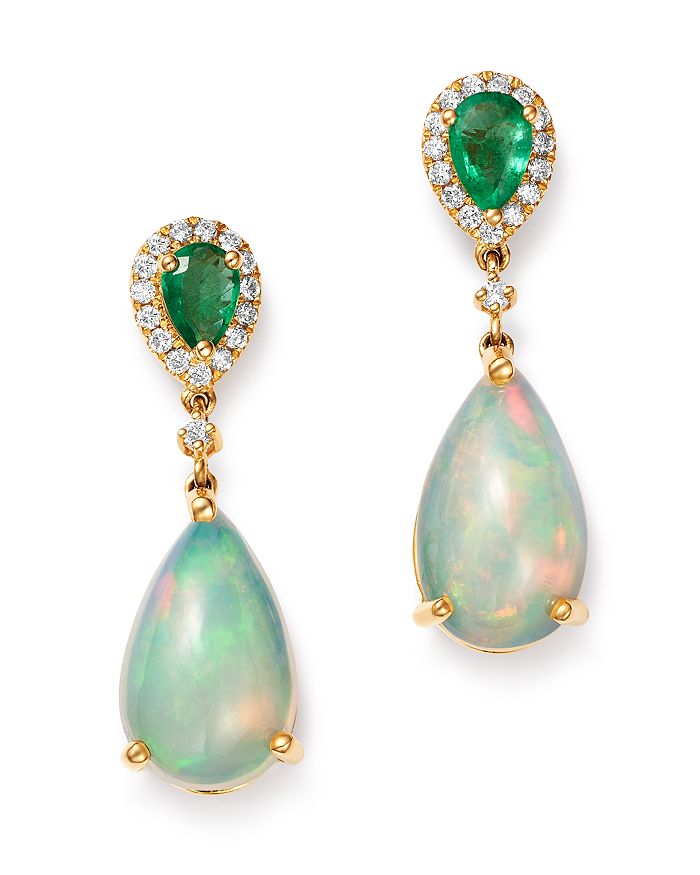 Bloomingdale's Ethiopian Opal, Emerald & Diamond Teardrop Drop Earrings In 14k Yellow Gold - 100% Exclusive In Multi/gold