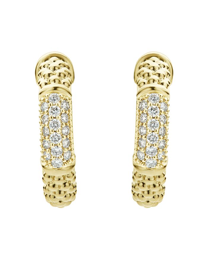 Shop Lagos 18k Yellow Gold Caviar Gold Pave Diamond Hoop Earrings In White/gold