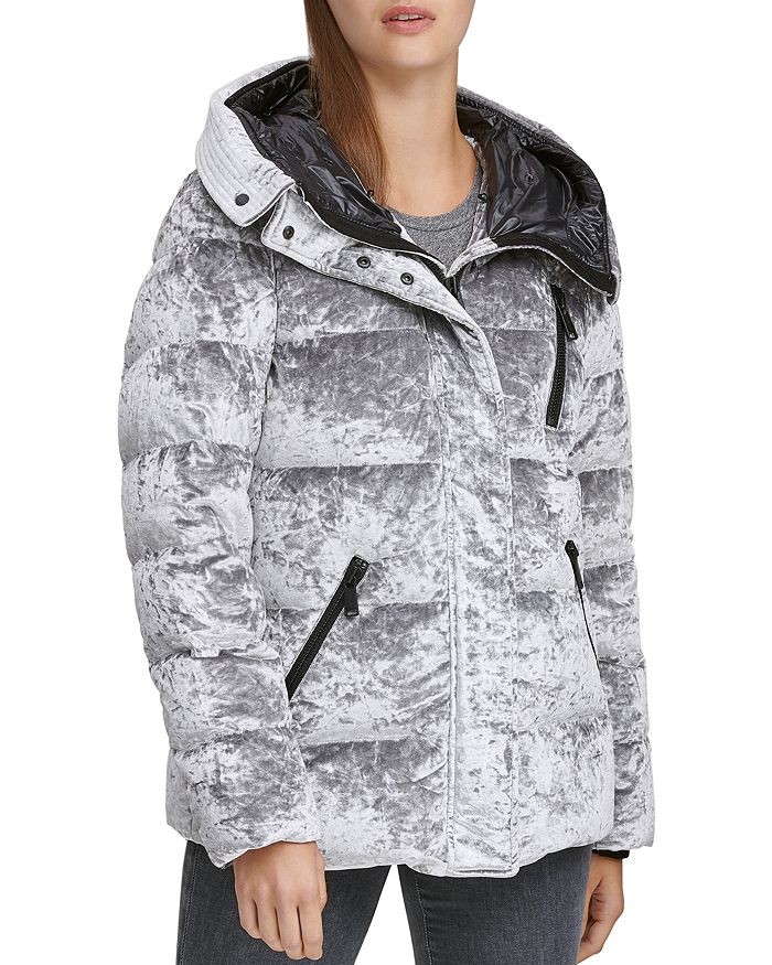 Andrew Marc Vara Crushed Velvet Down Jacket W Fur Hood In Silver