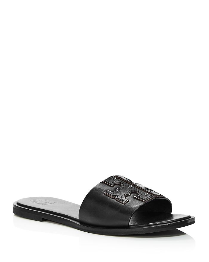 Tory Burch Double T Leather Slides In Perfect Black