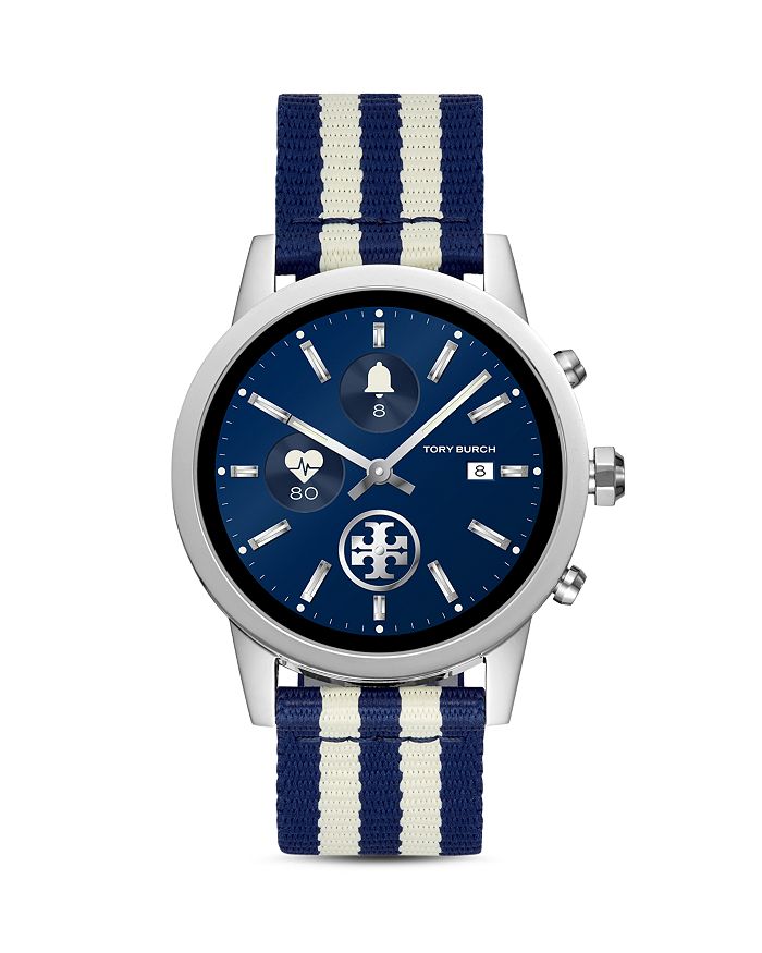 Tory Burch Gigi Touchscreen Smartwatch Strap, Grosgrain, 20 Mm In Ivory/navy | ModeSens