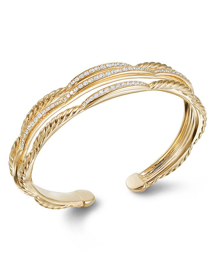 David Yurman Tides Three Row Cuff Bracelet In 18k Yellow Gold With Diamonds In White/gold